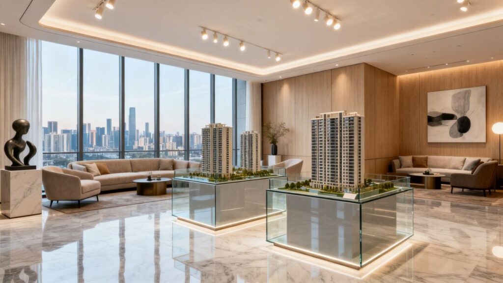 Modern sales gallery interior with city views and architectural models.