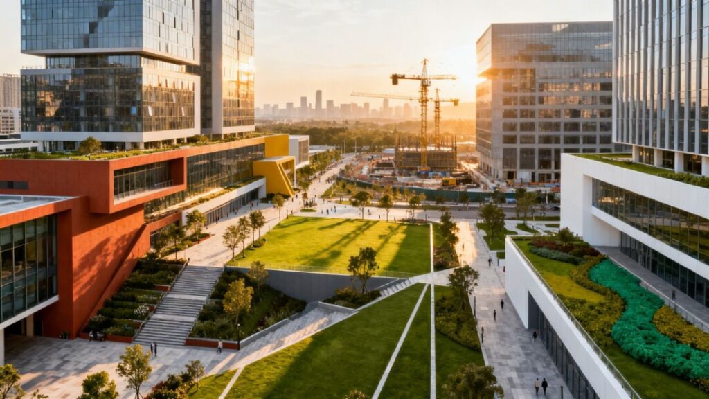 Modern urban district development with green spaces and buildings.