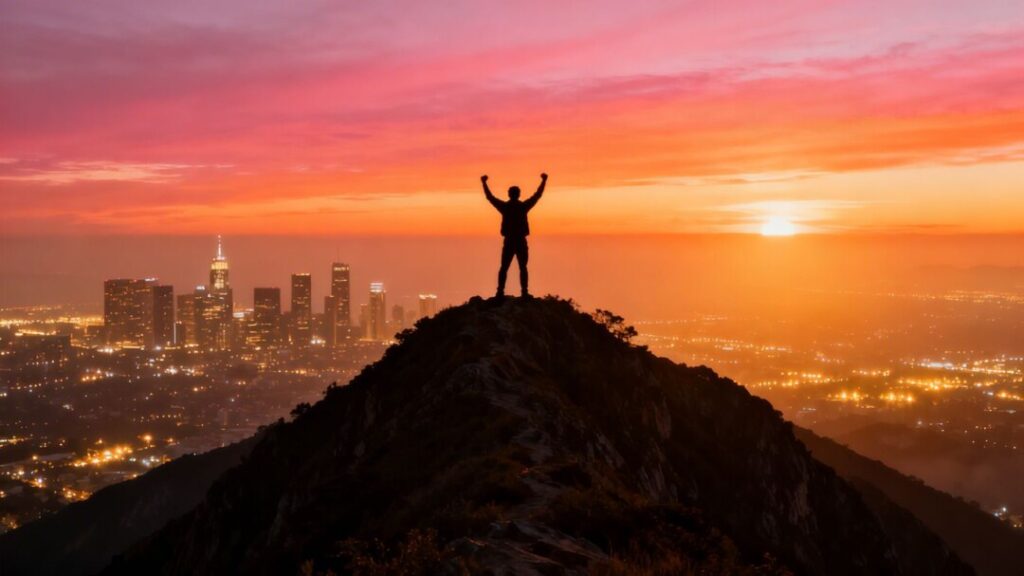 Silhouette of a person reaching a mountain summit at sunrise.
