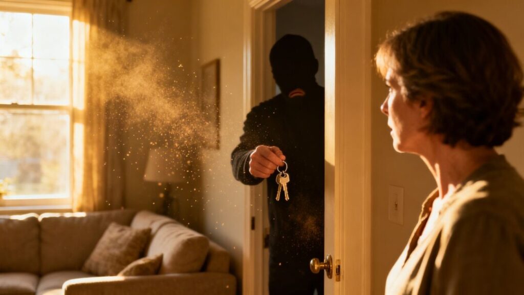 Homeowner with keys looking at doorway with guest.