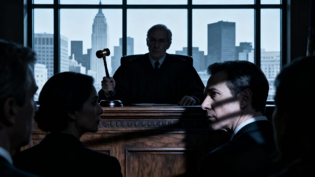Courtroom gavel and city skyline silhouette.
