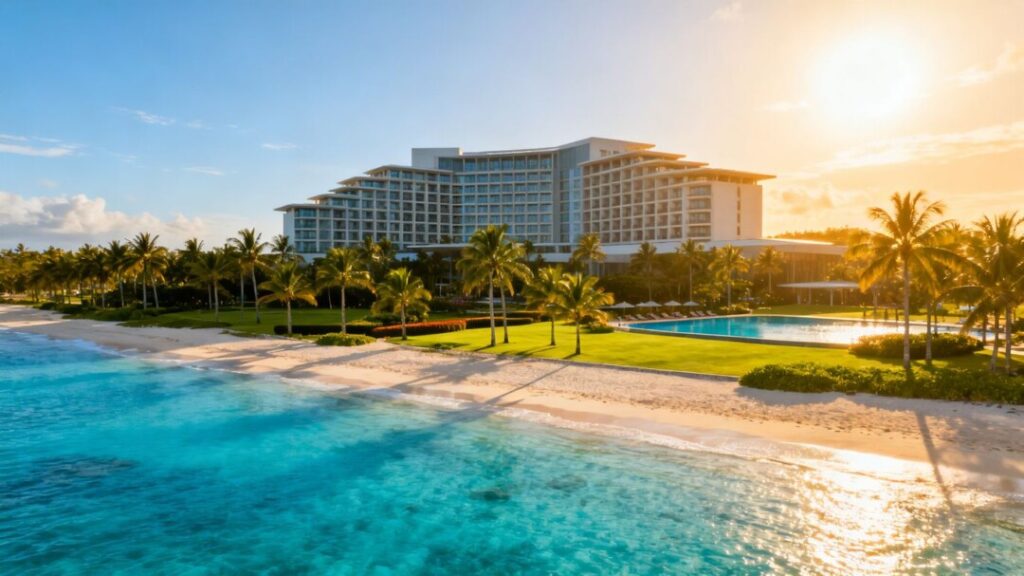 JW Marriott Marco Island Beach Resort with palm trees and ocean.
