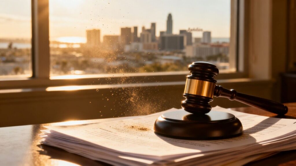 San Diego skyline with a gavel on documents.