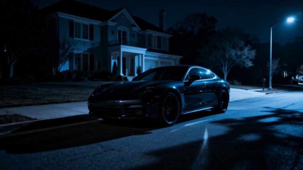 Stolen Porsche outside a luxury home at night.