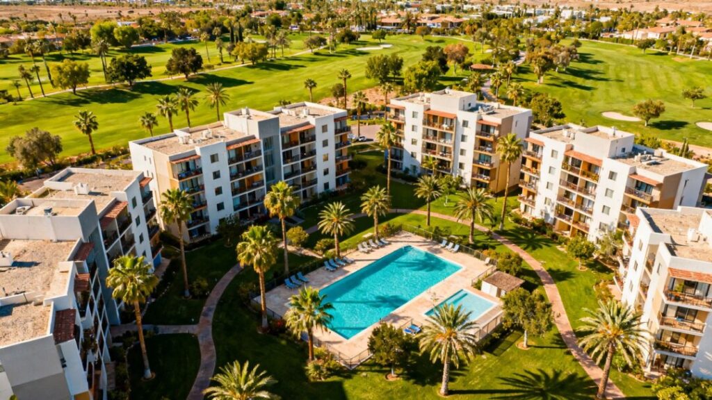 Modern apartment complex in sunny, green Central Florida landscape.