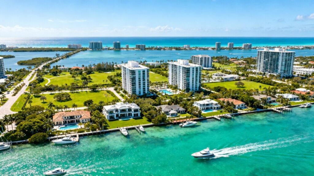 Florida coastline with modern buildings and luxury homes.