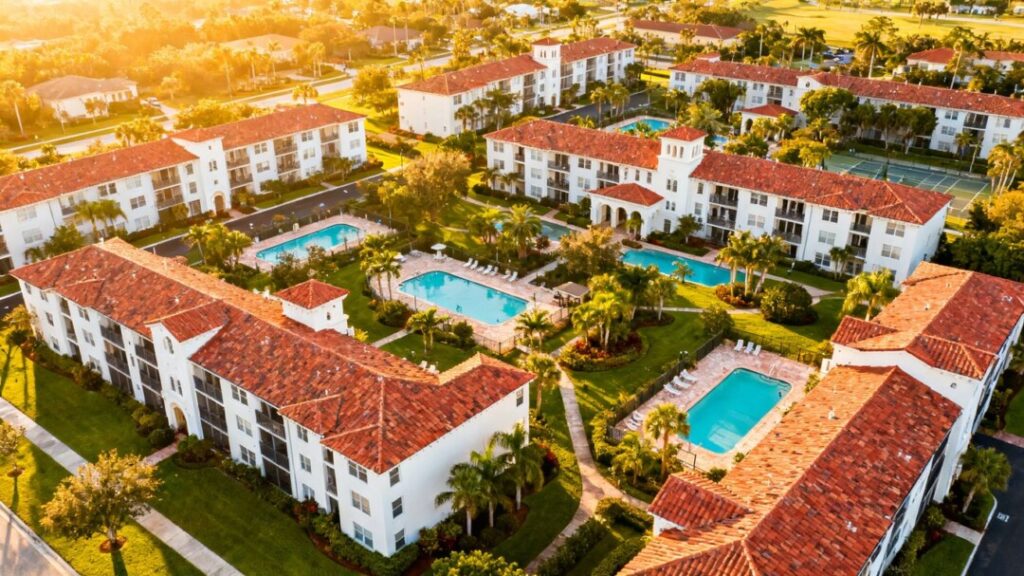 Florida apartment complex with red roofs and pools.