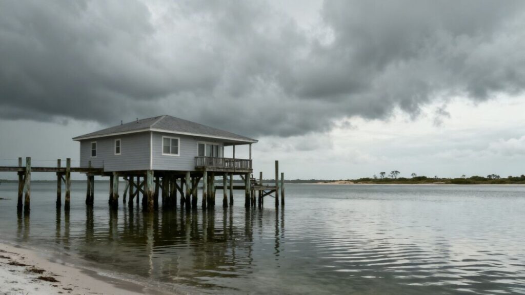 Florida coastal home partially submerged in water under cloudy sky.