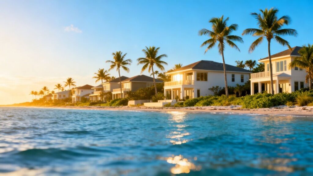 Florida coast with houses and palm trees.