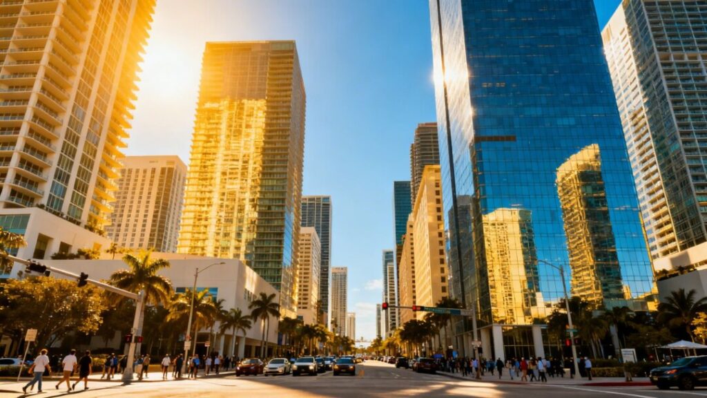 Florida cityscape with modern skyscrapers and busy streets.