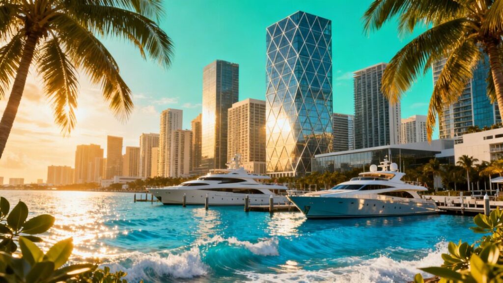 Miami skyline with skyscrapers, yachts, and ocean.