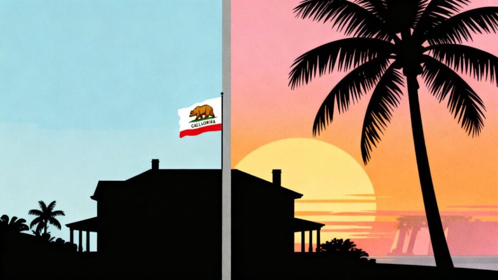 California mansion versus Florida palm tree sunset.