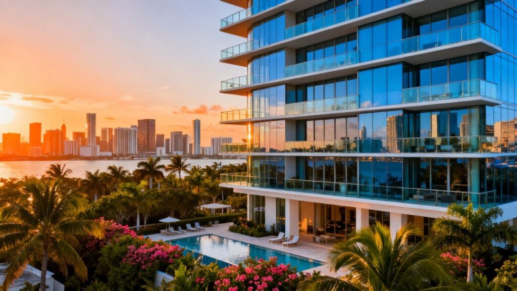 Luxury Miami condo tower with glass balconies and city views.