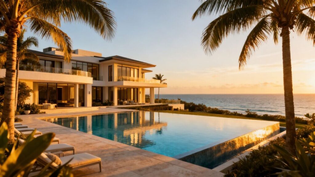 Miami luxury mansion with ocean view and palm trees.