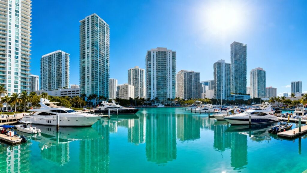 Miami skyline with luxury buildings and yachts.