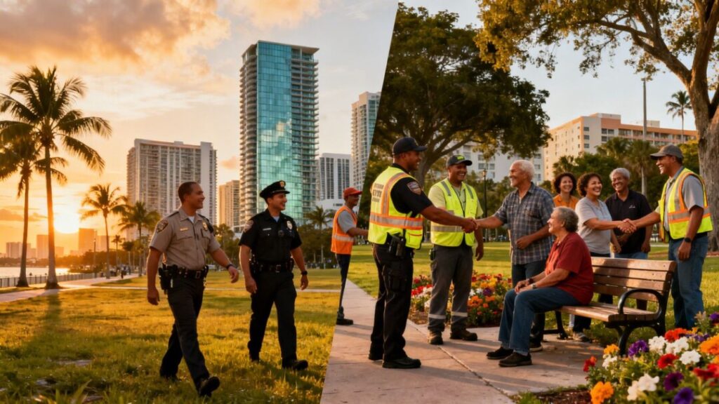 Miami skyline and county service workers with residents.