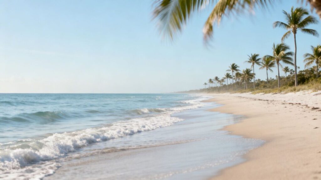 Florida coastline with calm ocean waves and palm trees.