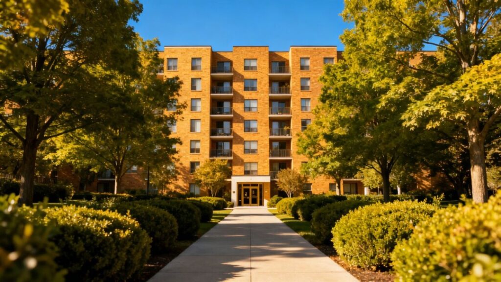 Bristol Plaza apartment building exterior with trees and walkway.