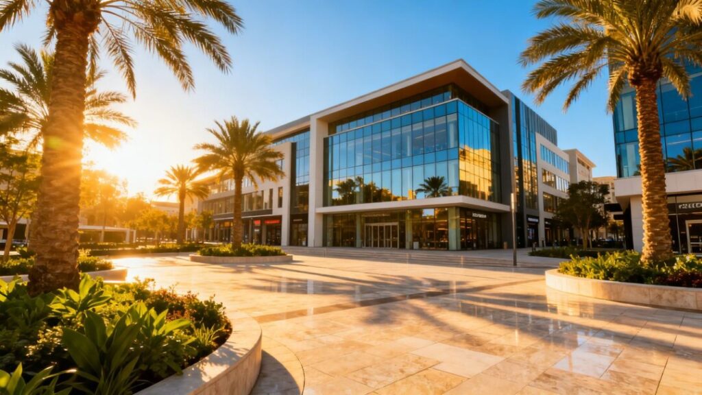 Jacaranda Plaza commercial building with palm trees.