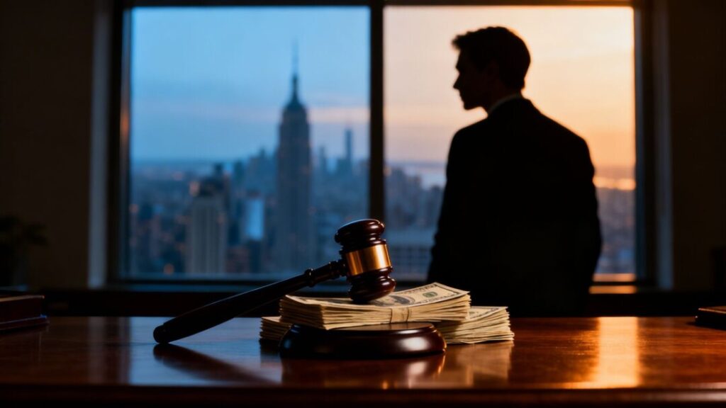 Gavel striking money, shadowy figure, cityscape.