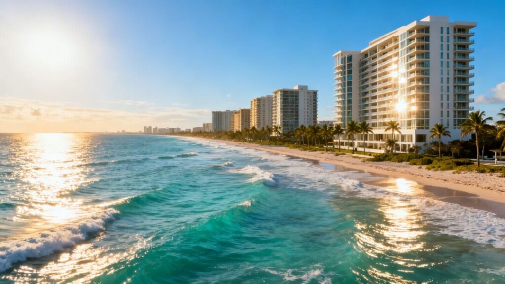 Pompano Beach oceanfront condos with palm trees and blue water.
