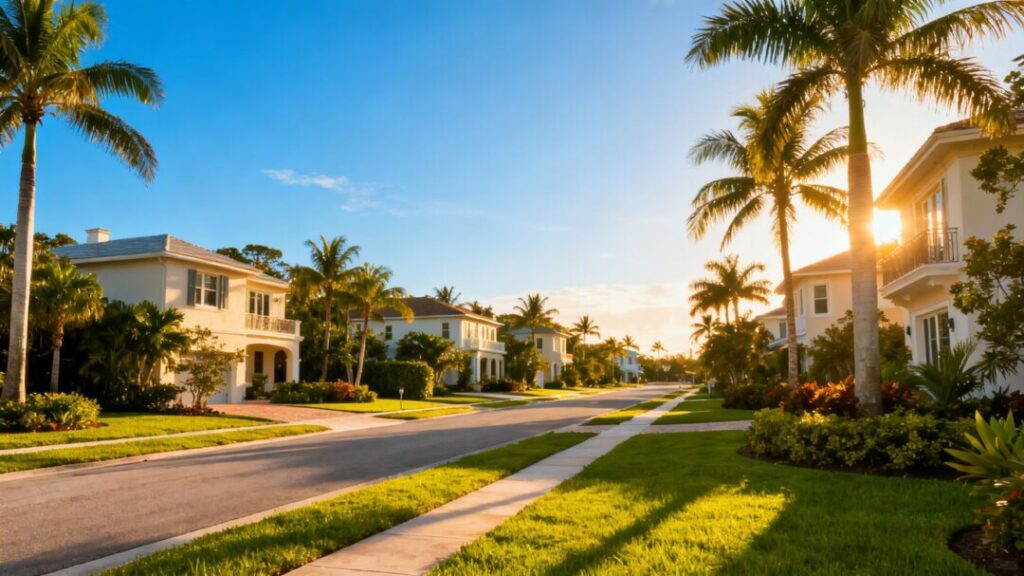 Naples homes with palm trees and green lawns.