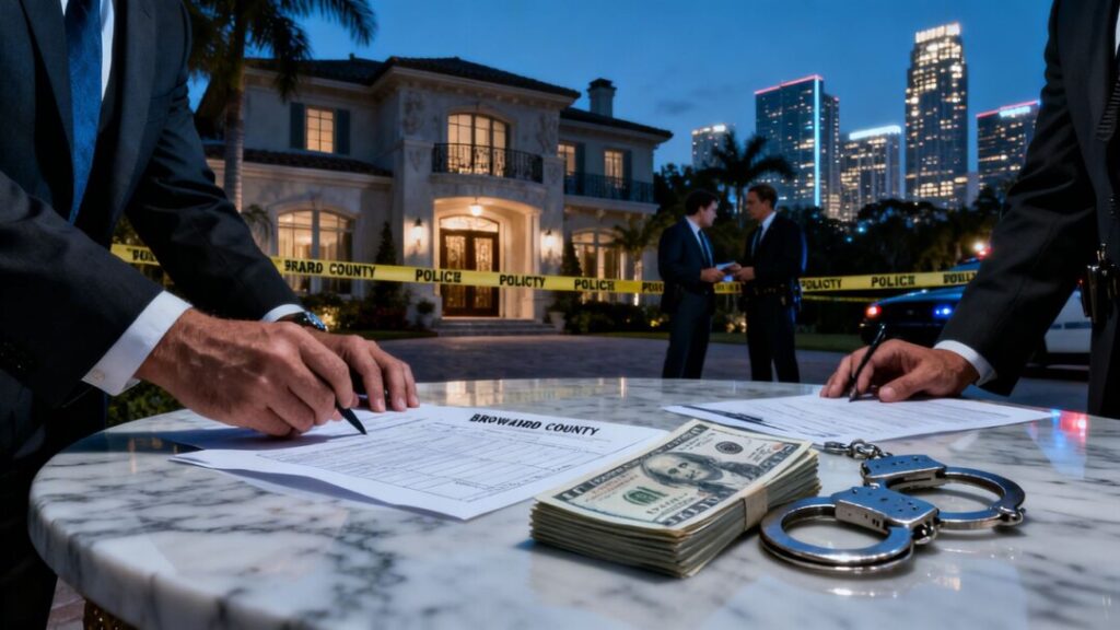 Police tape surrounds mansion, detectives investigate fraud.