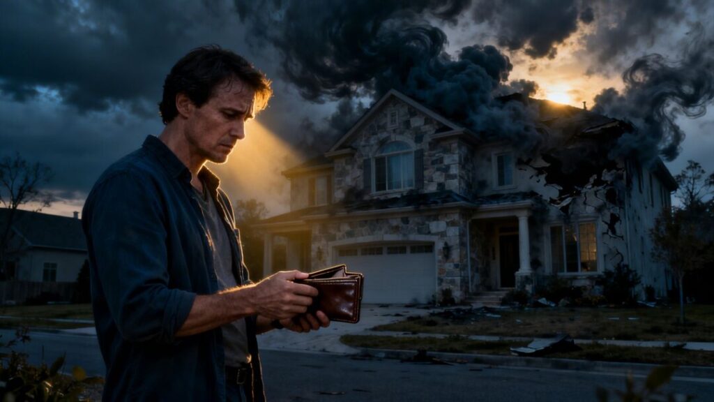 Empty wallet, mansion, dark clouds, financial ruin.