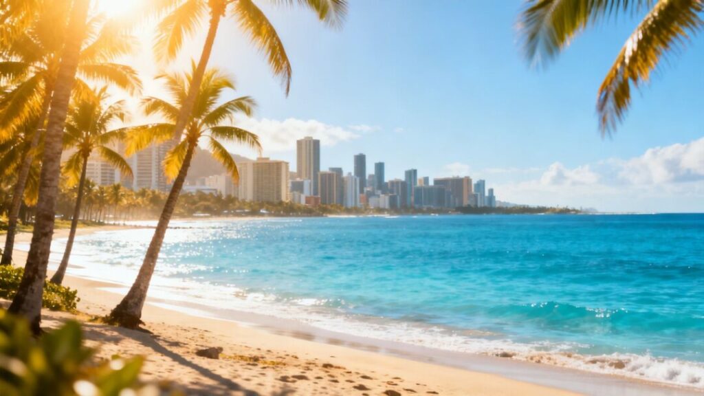 Florida coastline and cityscape under bright sunlight.