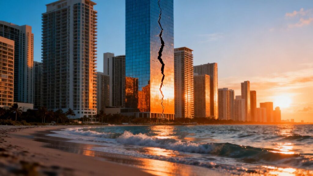 Miami skyline with a subtle crack on a skyscraper.