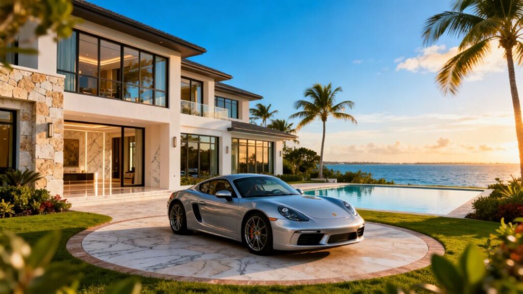 Palm Beach County luxury mansion with sports car.