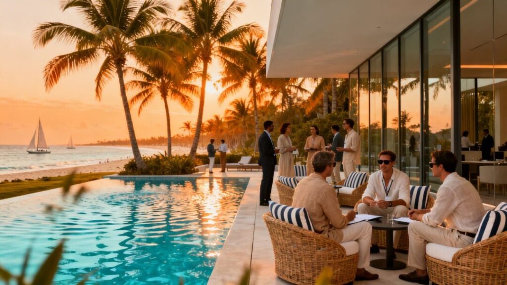 South Florida resort with palm trees, pool, and mingling attendees.
