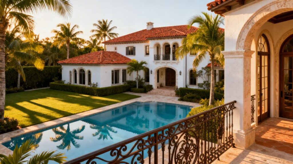 Luxury mansion with pool and palm trees.