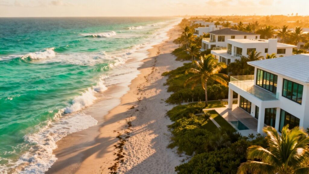 South Florida coastline with upscale homes and palm trees.
