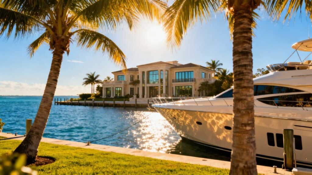 Luxury Fort Lauderdale waterfront mansion with palm trees and yacht.