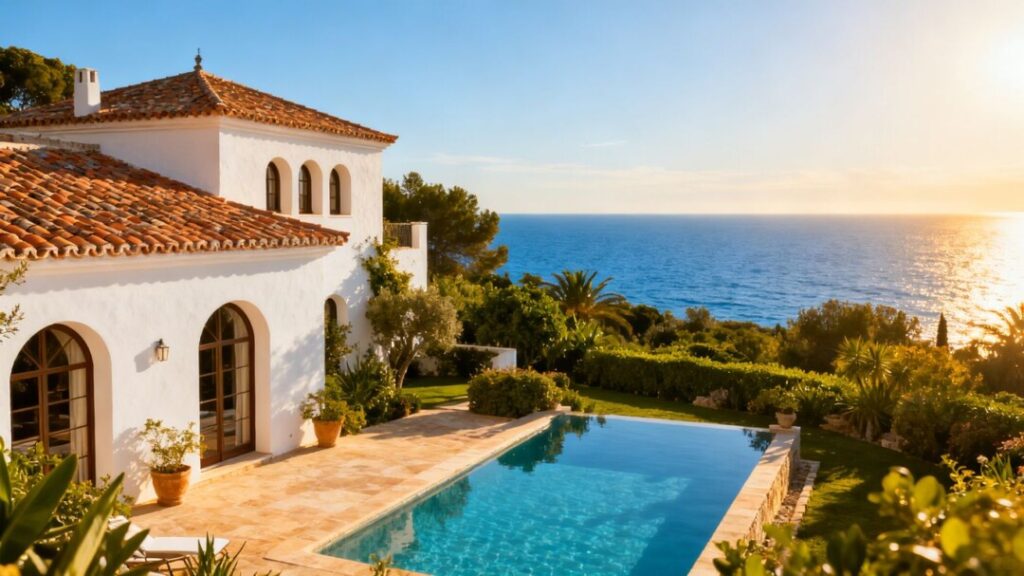 Elegant Mediterranean villa with ocean view and swimming pool.