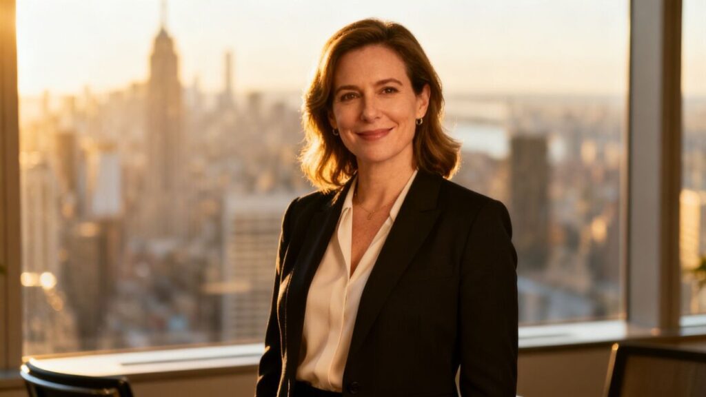 Hilda Jacobson in a modern office with city views.