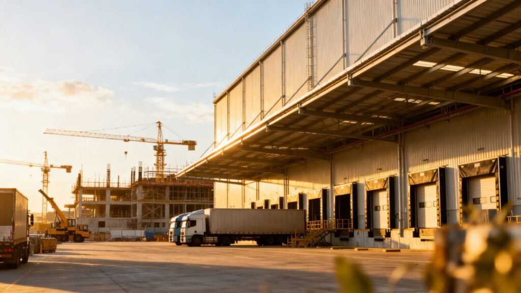 Miami-Dade industrial warehouses with cranes and trucks.