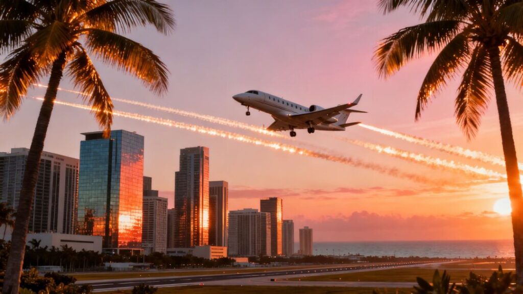 Miami skyline and private jet, South Florida real estate.