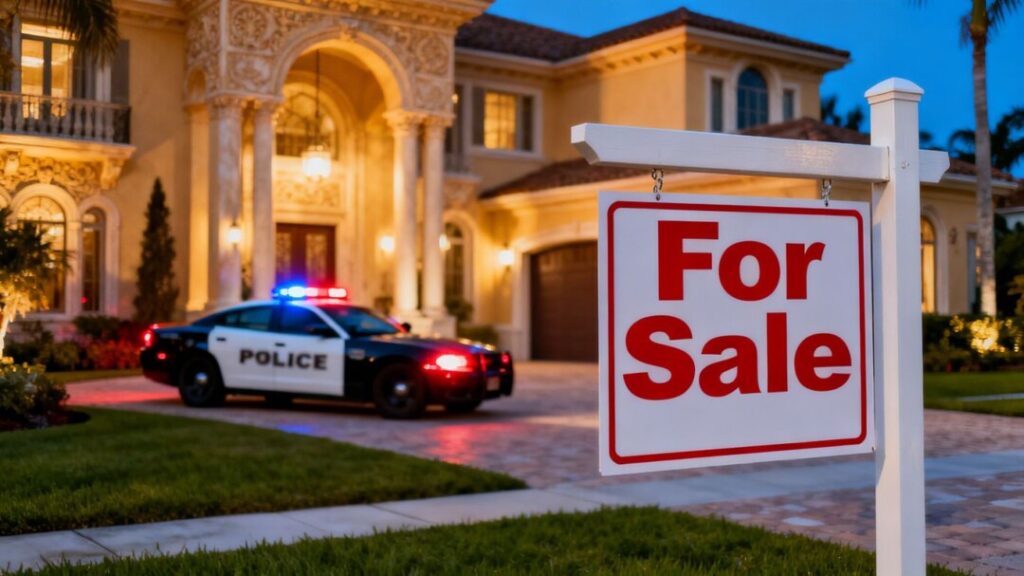 Florida mansion with police car, hinting at luxury and crime.