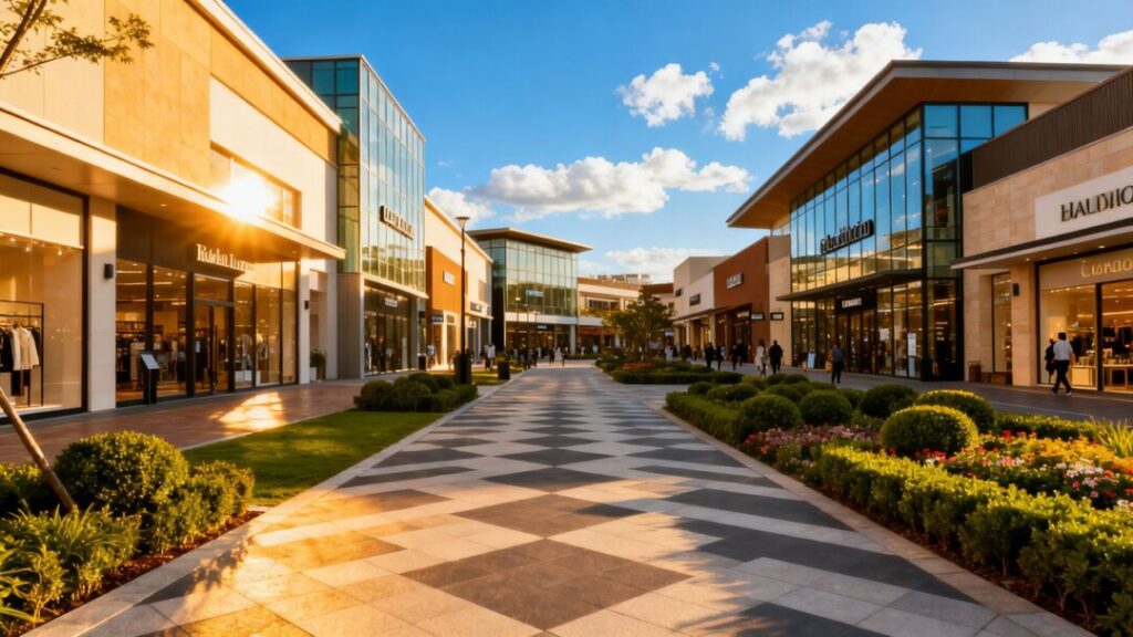 Retail shopping center with storefronts and landscaping.