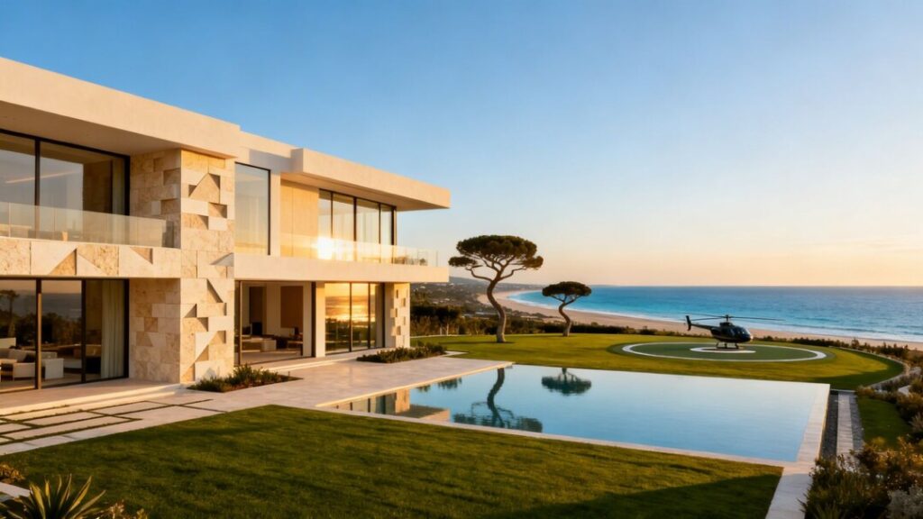 Luxury mansion overlooking a coastline.