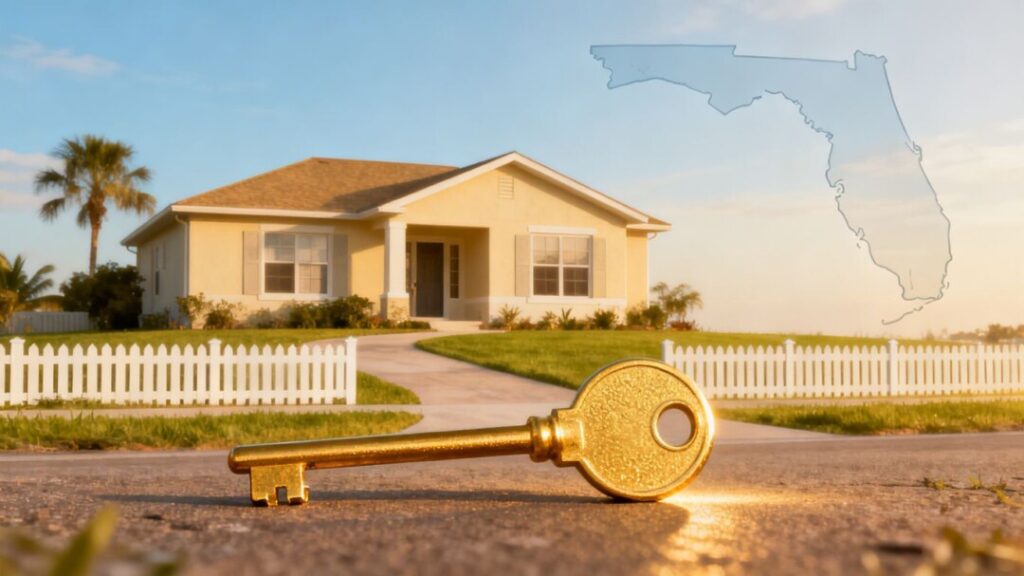 Florida home with golden key and state outline.