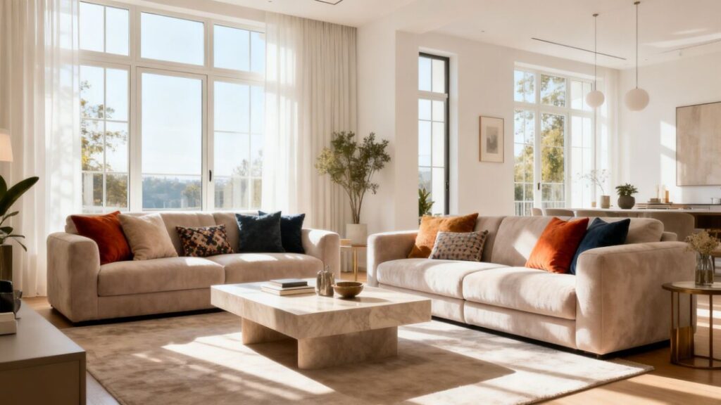 Renovated Florida condo living room with modern furniture.