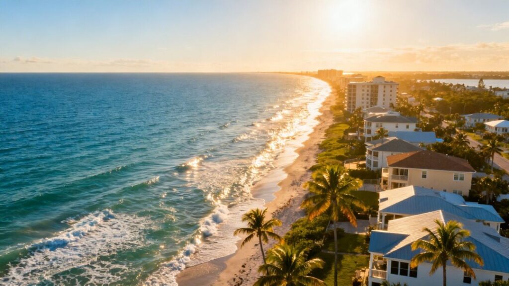 Florida coast with houses, calm water, and sunlight.