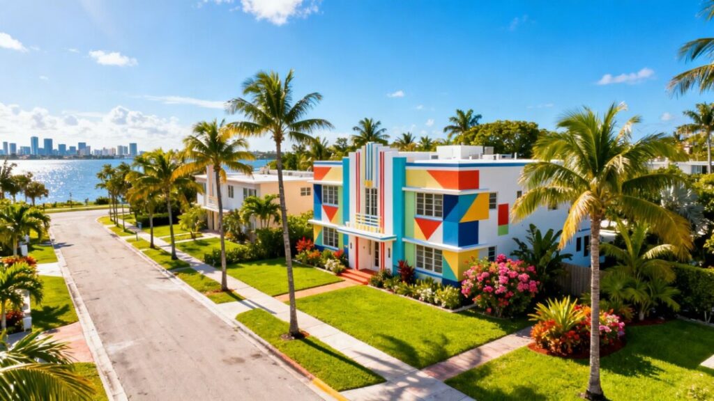 Colorful Miami homes with palm trees and blue sky