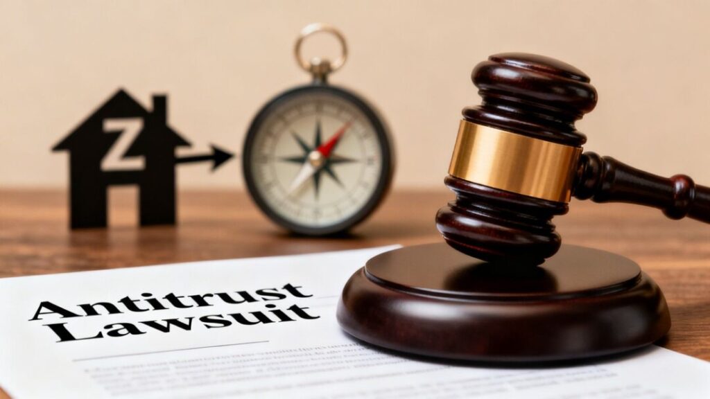 Gavel striking lawsuit document, compass points away from Zillow house.