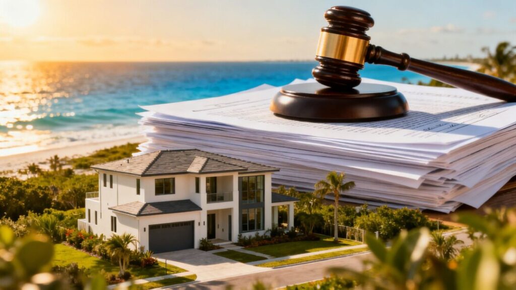 Florida coast, house, and legal gavel.