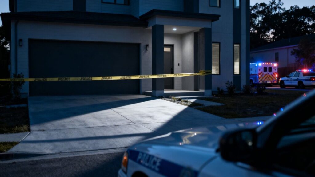 Police tape at a house where a shooting occurred.