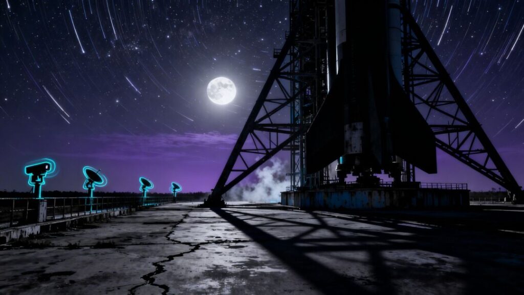 Space Coast rocket launchpad with hidden surveillance equipment.